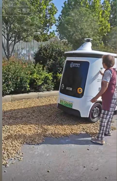 笑翻了！无人驾驶快递车压到大妈晒的BWIN花生被拦下挨打了！(图4)